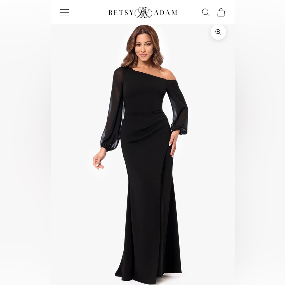 Betsy & Adam Black One-Shoulder Gown with Sheer Bishop Sleeve